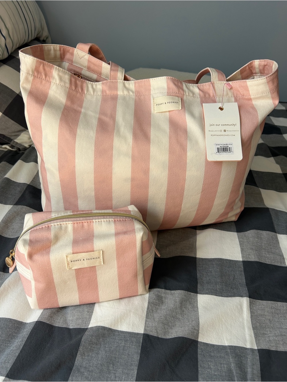 Poppy & Peonies Pink Stripe Canvas Tote Bag and matching cosmetic pouch - Picture 9 of 10